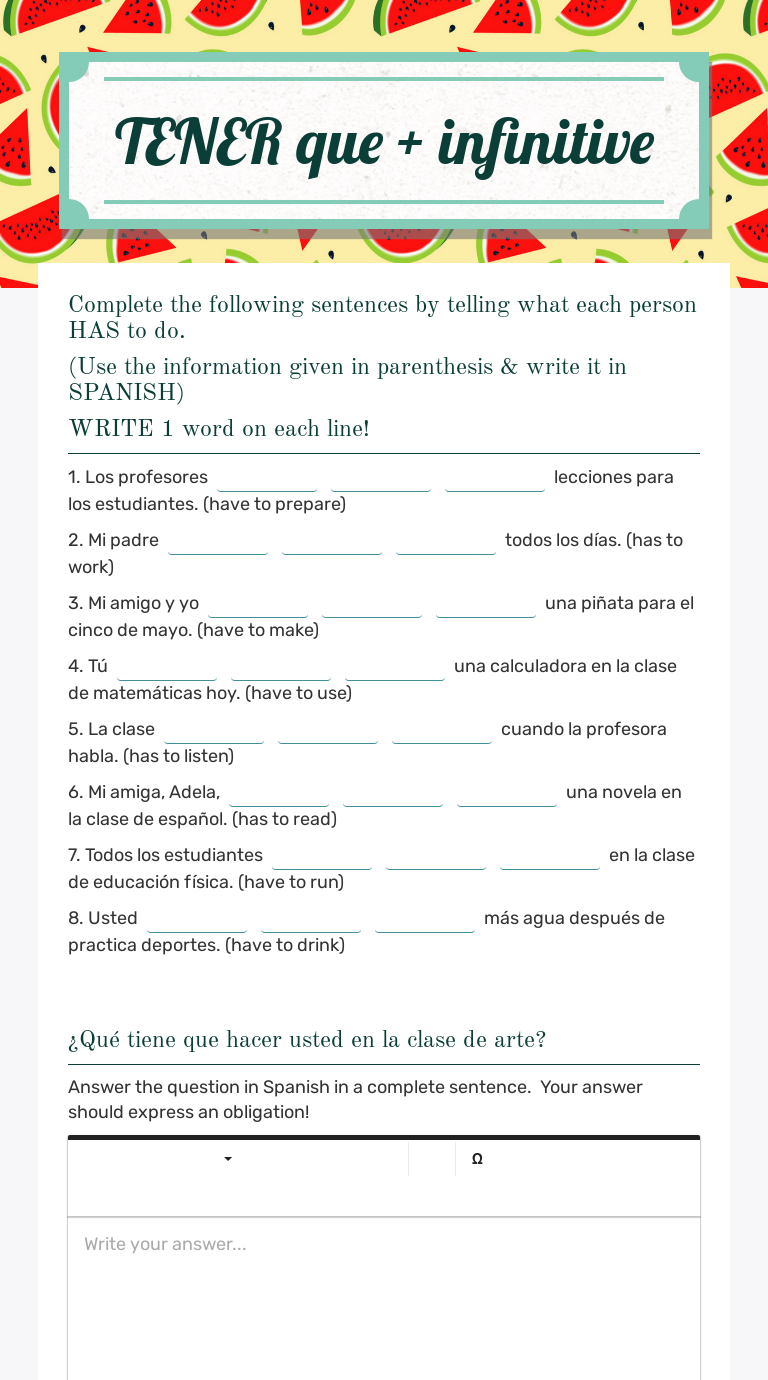TENER que + infinitive worksheet preview image