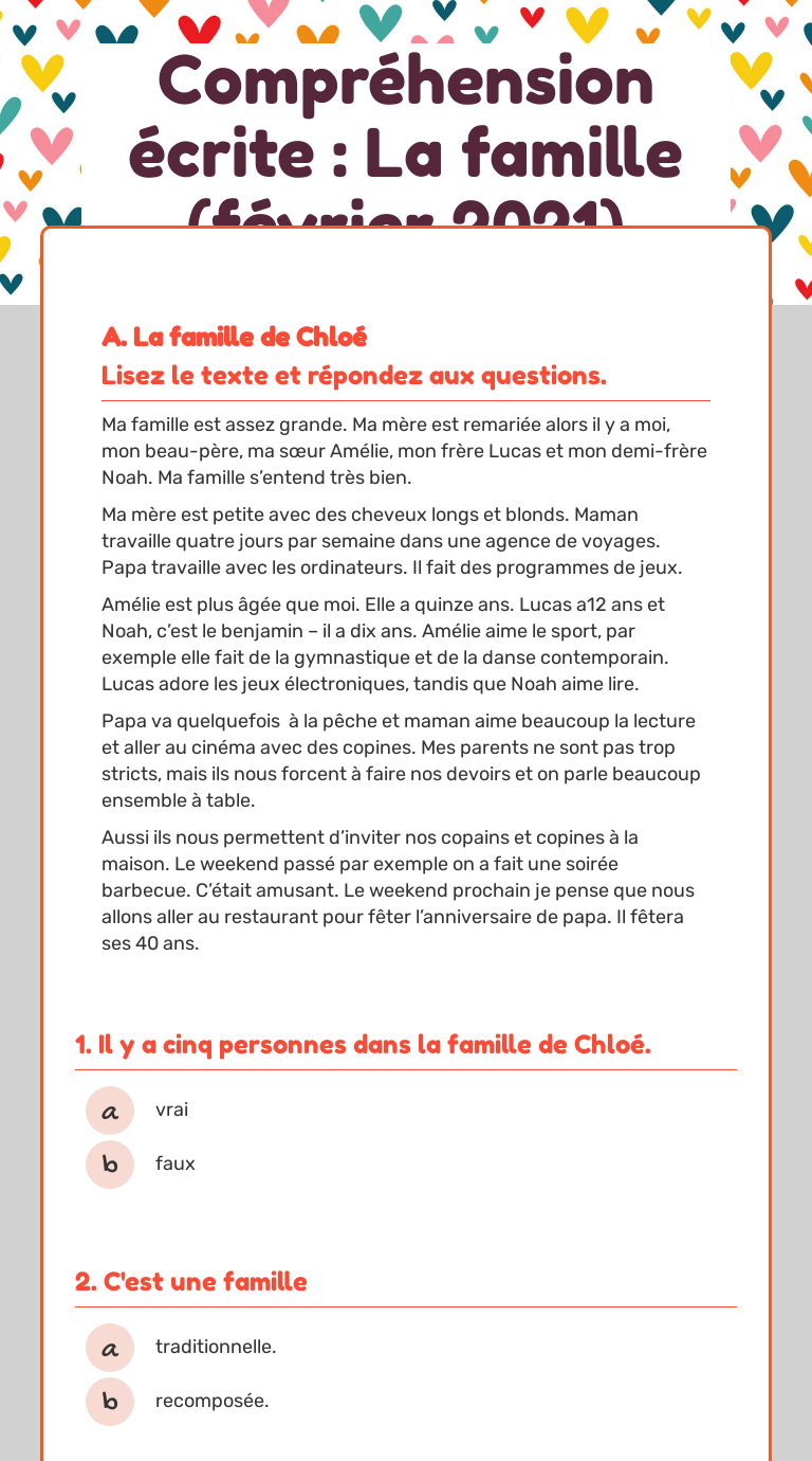 Comprehension Ecrite La Famille Fevrier 21 Interactive Worksheet By Gloria Mireia Montanya Puig Wizer Me