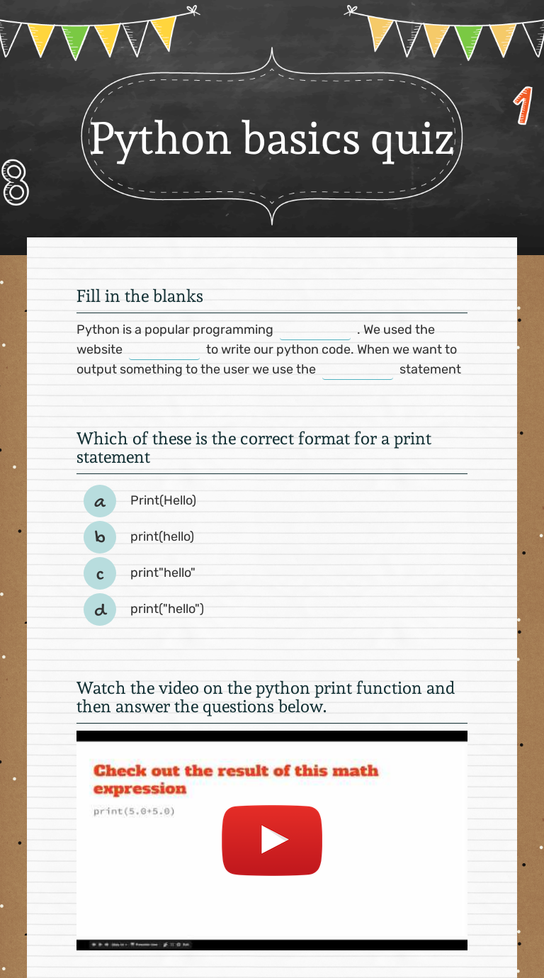 Python Basics Quiz | Interactive Worksheet By Christina Thomas | Wizer.me