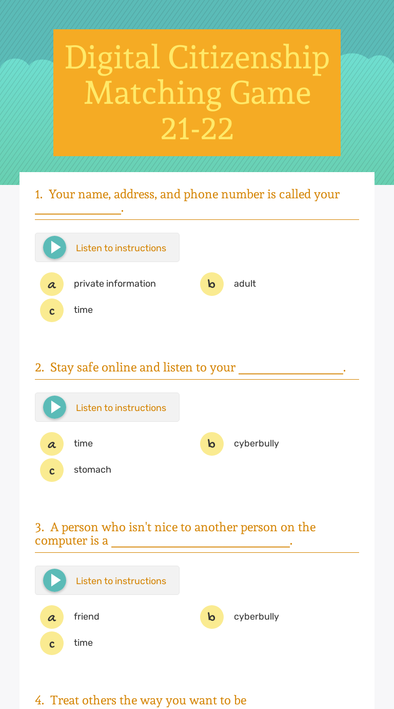 Digital Citizenship Matching Game 21-22 Grade 2 worksheet preview