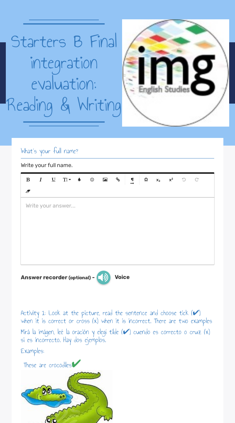 Starters B Final Integration Evaluation: Reading & Writing ...