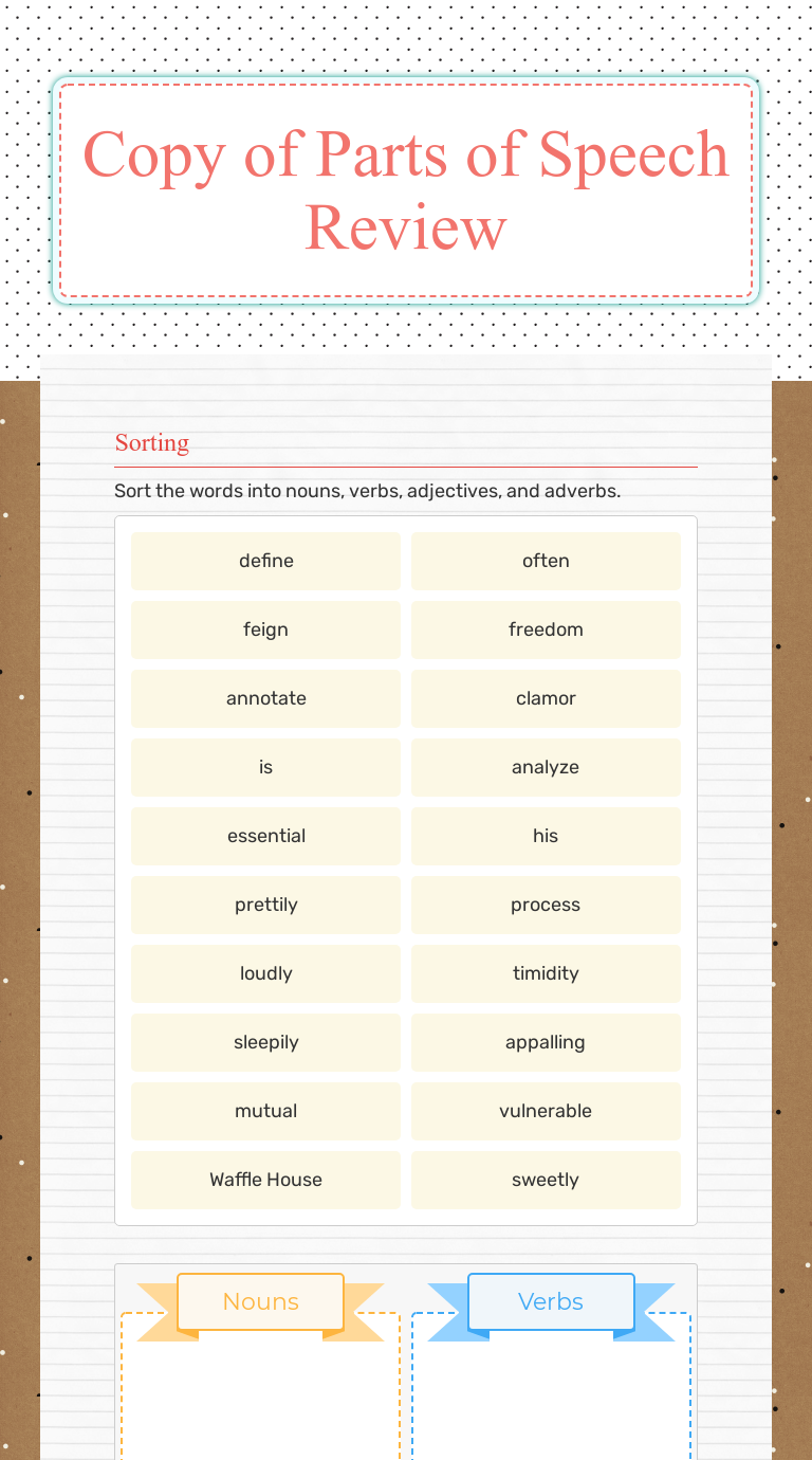 Copy of Parts of Speech Review  Interactive Worksheet by Sherry Regarding Parts Of Speech Review Worksheet