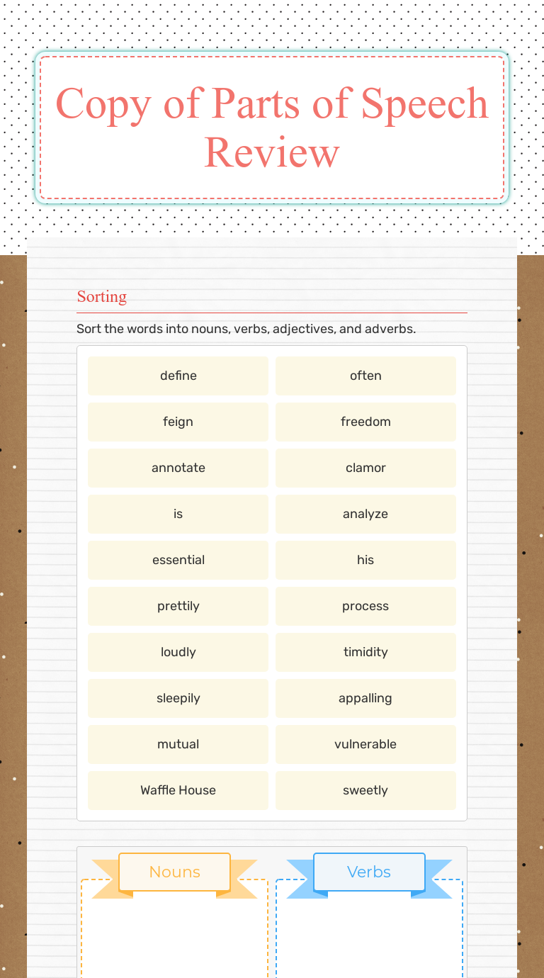 Copy of Parts of Speech Review  Interactive Worksheet by Sherry Intended For Parts Of Speech Review Worksheet