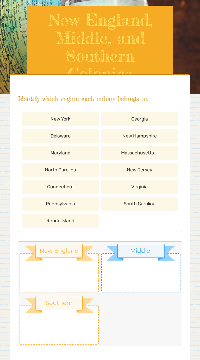 New England, Middle, and Southern Colonies Interactive Worksheet by Jennifer Fox Wizer.me