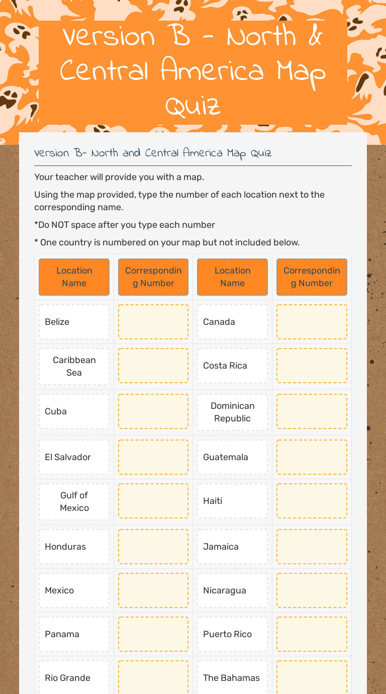 Version B - North & Central America Map Quiz worksheet preview image
