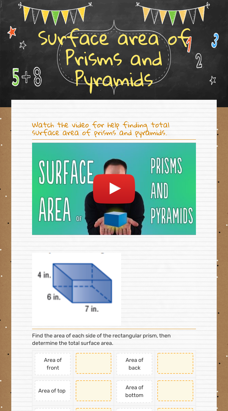 Surface area of  Prisms and Pyramids worksheet preview image