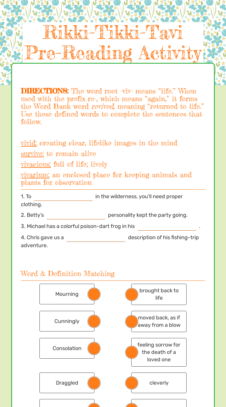 Rikki Tikki Tavi Pre Reading Activity Interactive Worksheet by