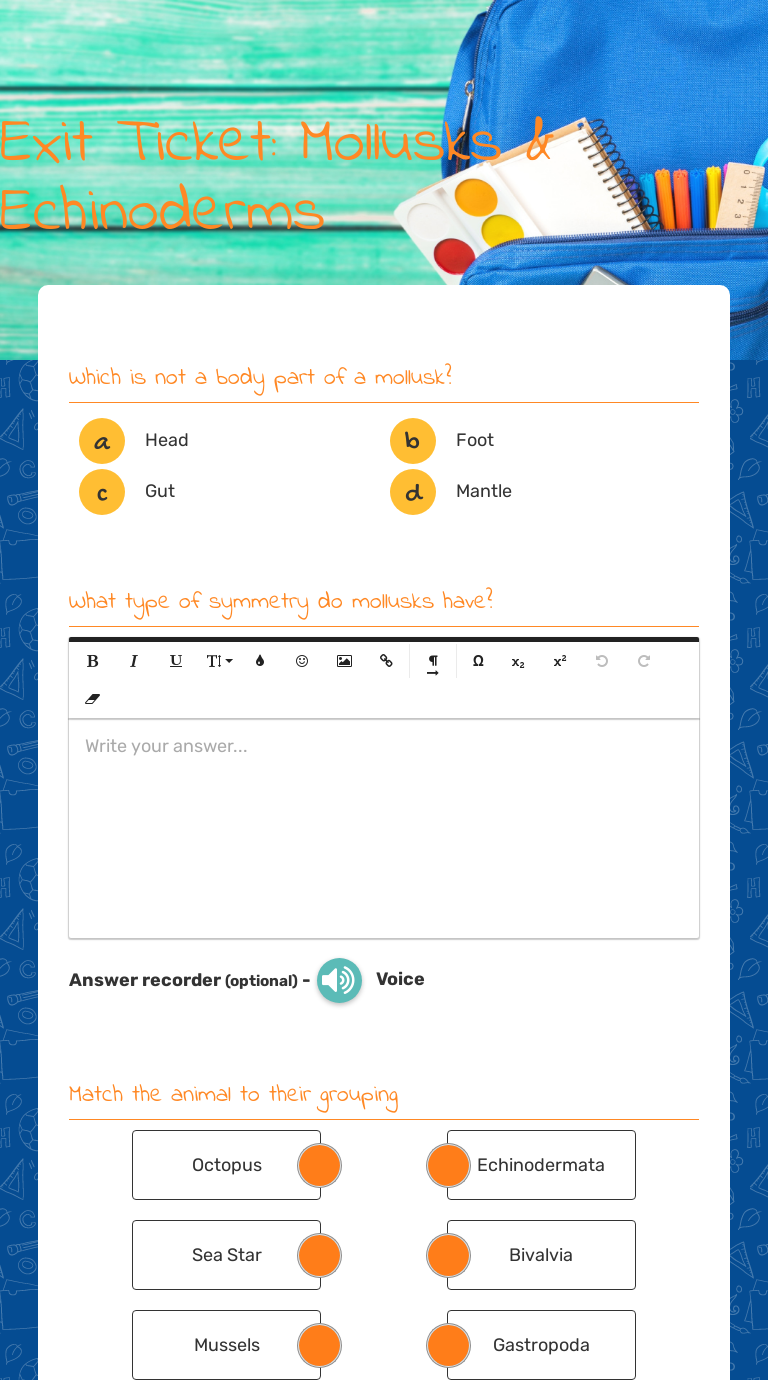 Exit Ticket: Mollusks & Echinoderms | Interactive Worksheet by Andrew