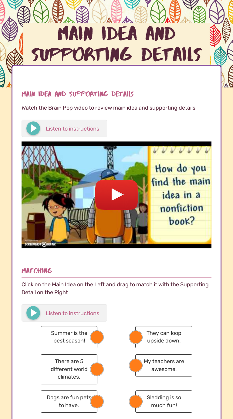 Main Idea and Supporting Details worksheet preview image