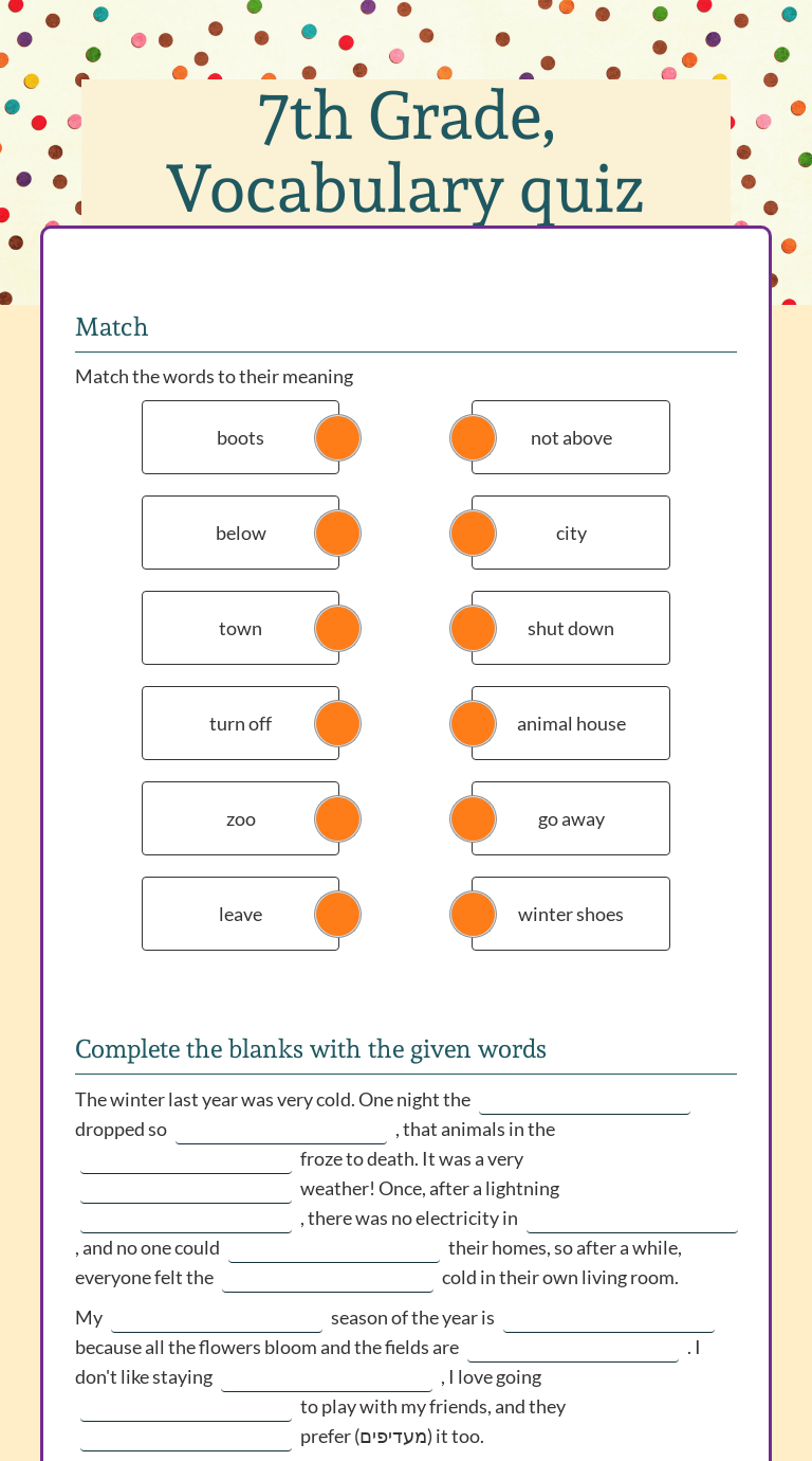 7th grade vocabulary quiz interactive worksheet by gali asa wizerme