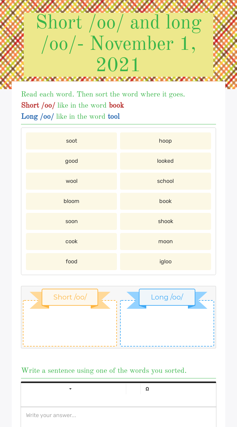 Short /oo/ and long /oo/- November 1, 2021 worksheet preview image