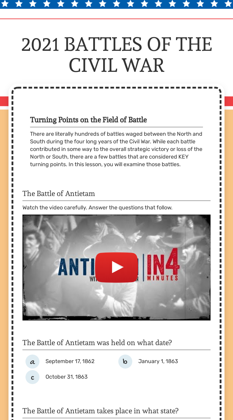 21 Battles Of The Civil War Interactive Worksheet By Jaye Burns Wizer Me