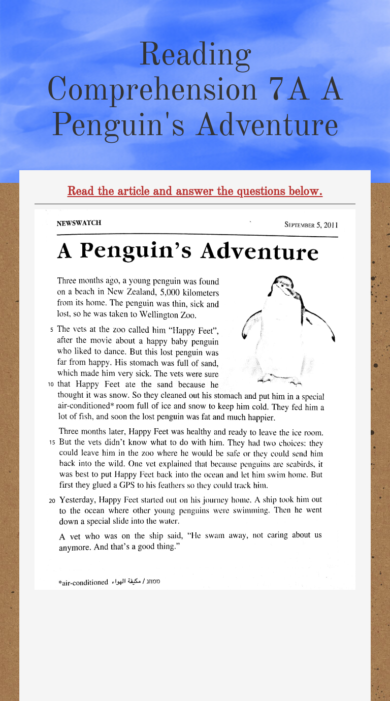 Reading Comprehension 7A 
 A Penguin's Adventure Grade 7 worksheet preview