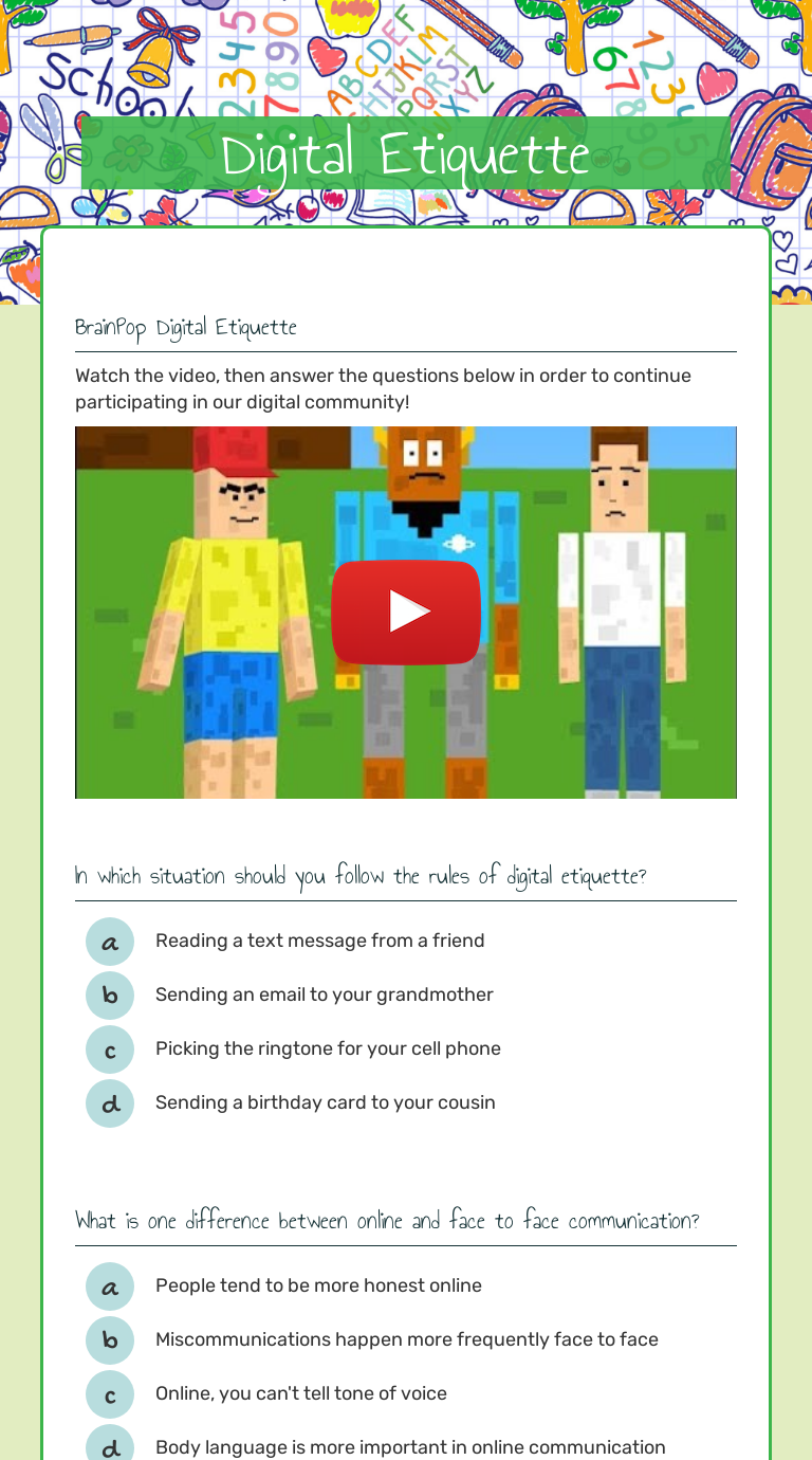 Digital Etiquette Interactive Worksheet by Alyssa Pompo Wizer.me