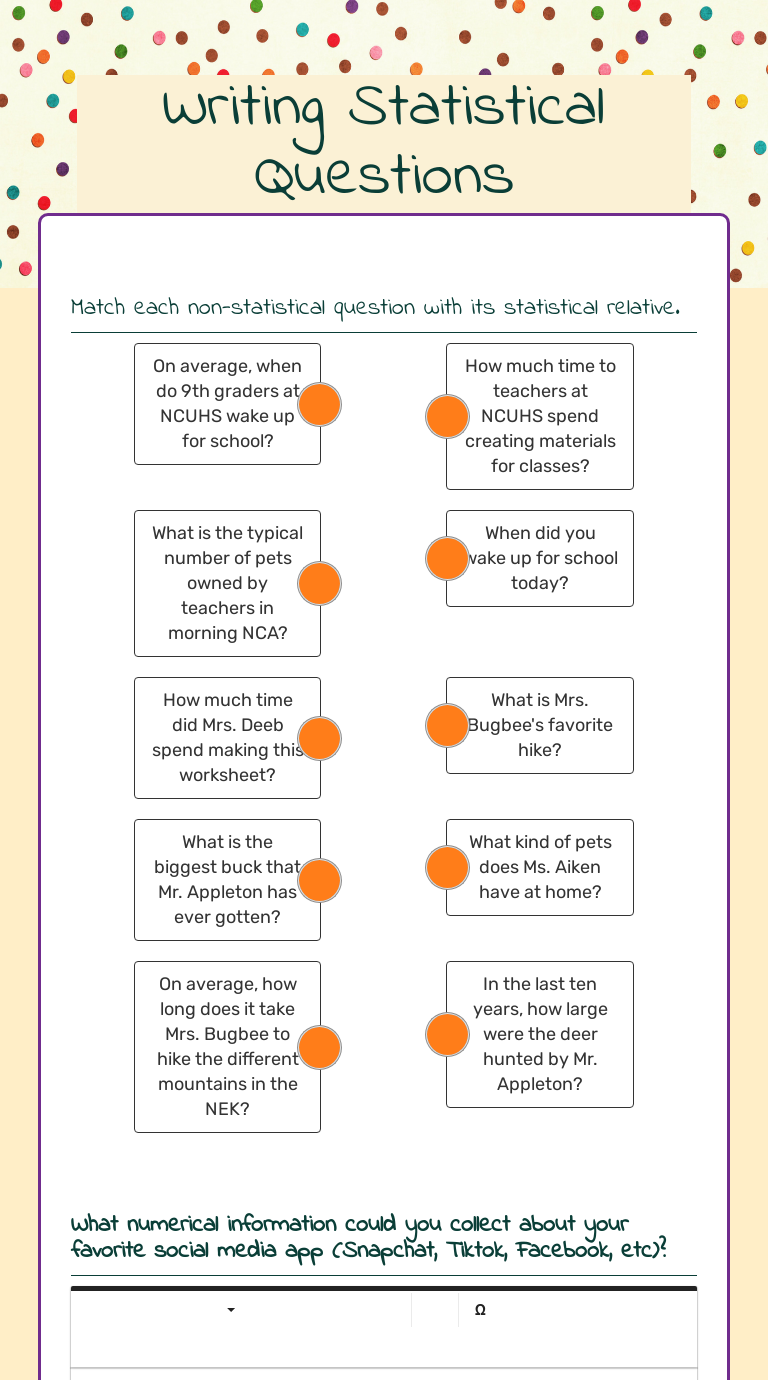 Writing Statistical Questions worksheet preview image