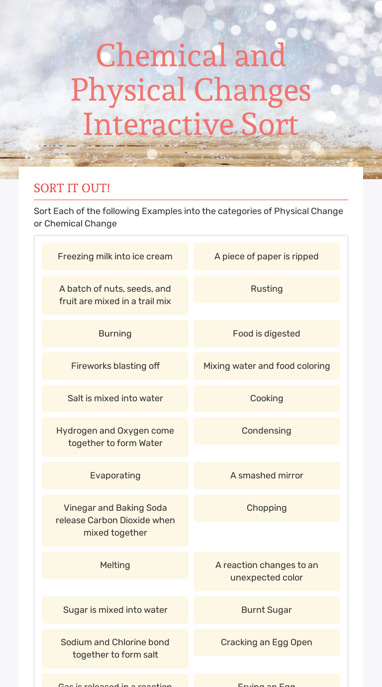 Chemical and Physical Changes Interactive Sort Interactive Worksheet