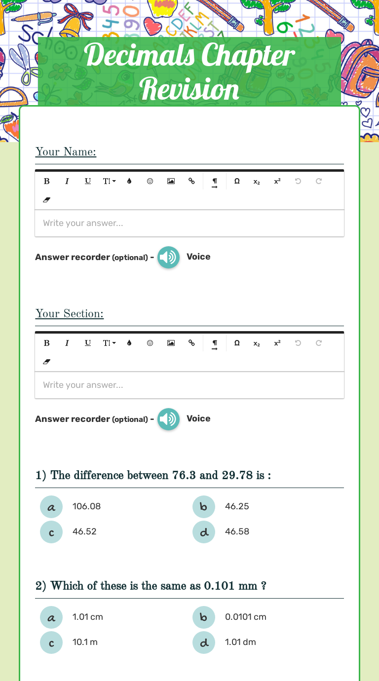 Decimals Chapter Revision worksheet