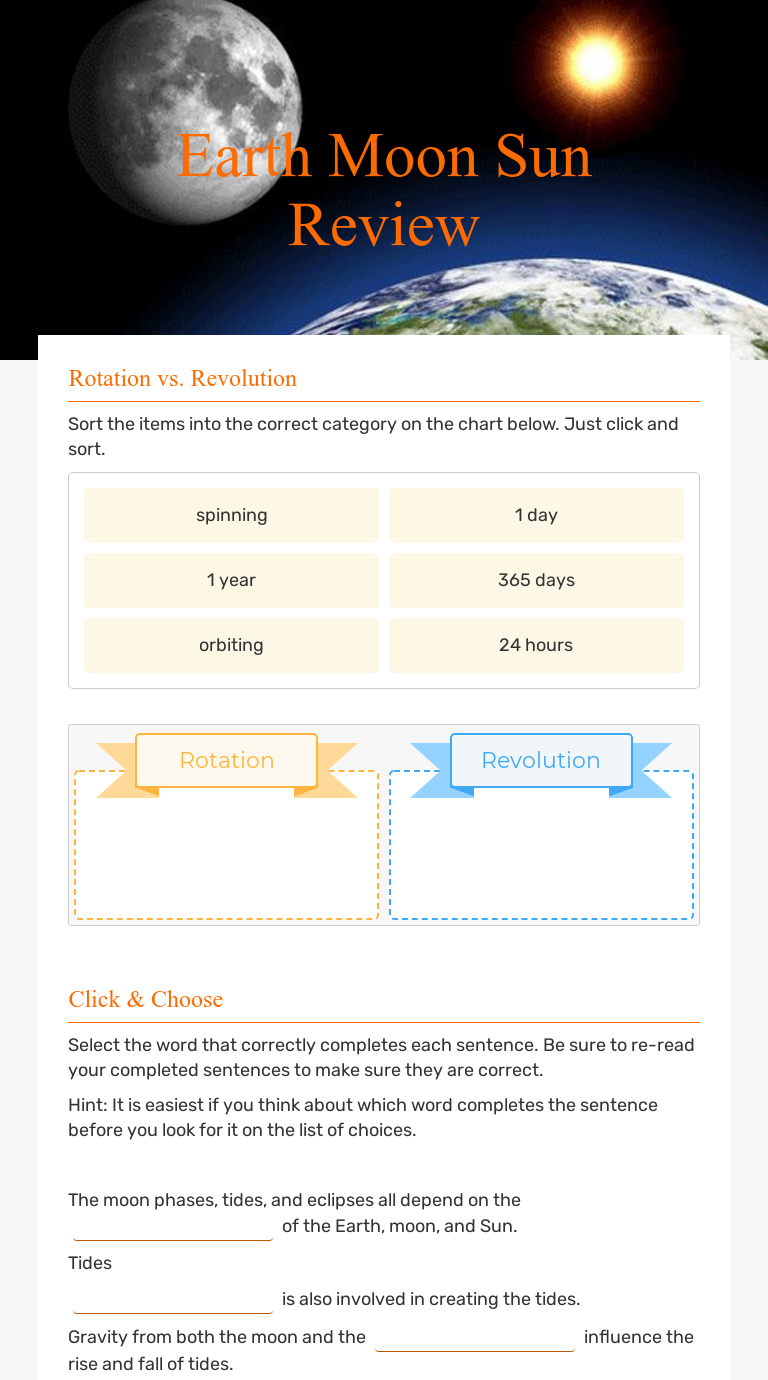 Earth Moon Sun Review worksheet preview image