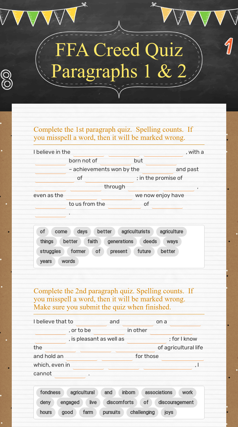 FFA Creed Quiz Paragraphs 1 2 Interactive Worksheet Wizer me