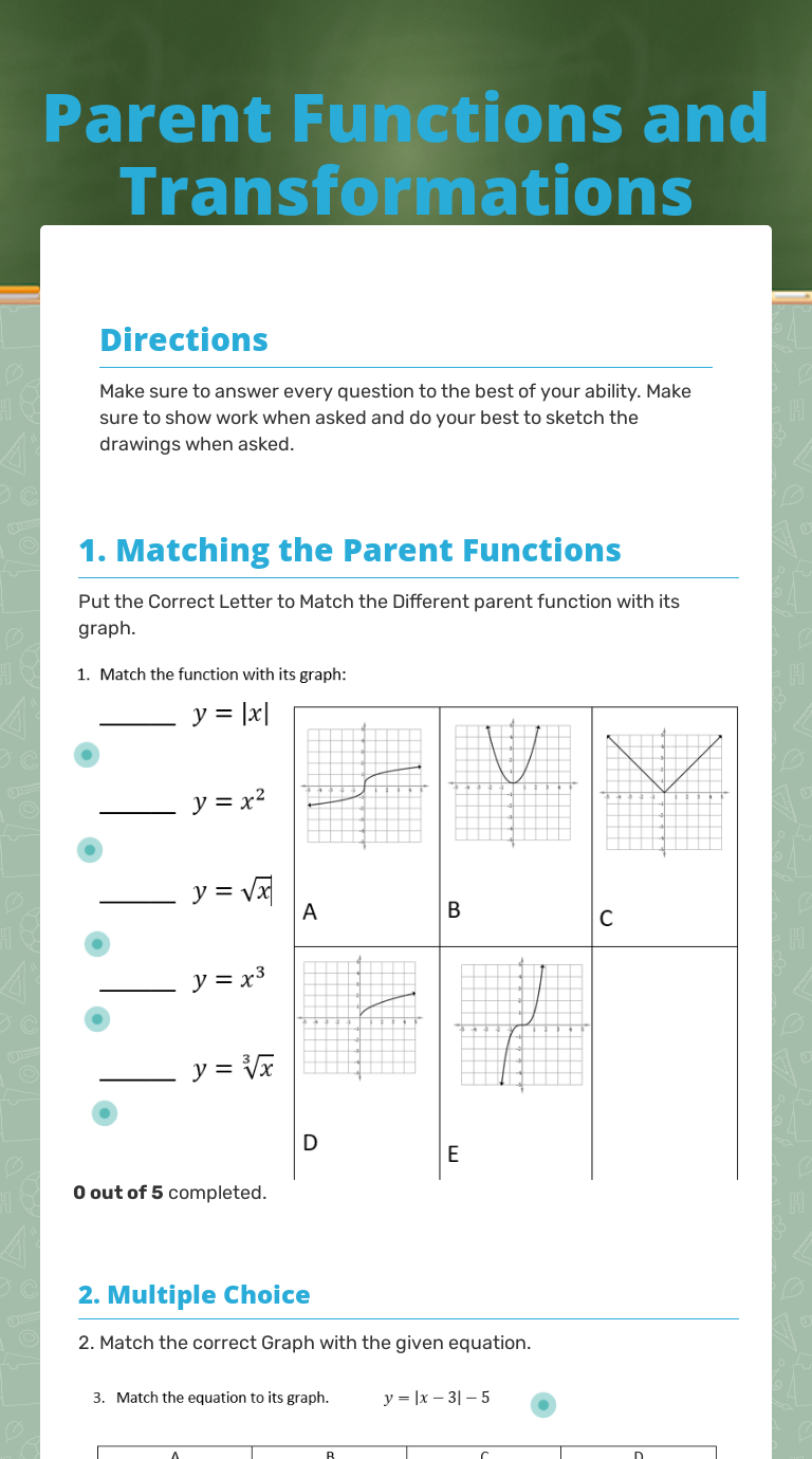 Parent Functions and Transformations  Interactive Worksheet by Pertaining To Parent Functions And Transformations Worksheet