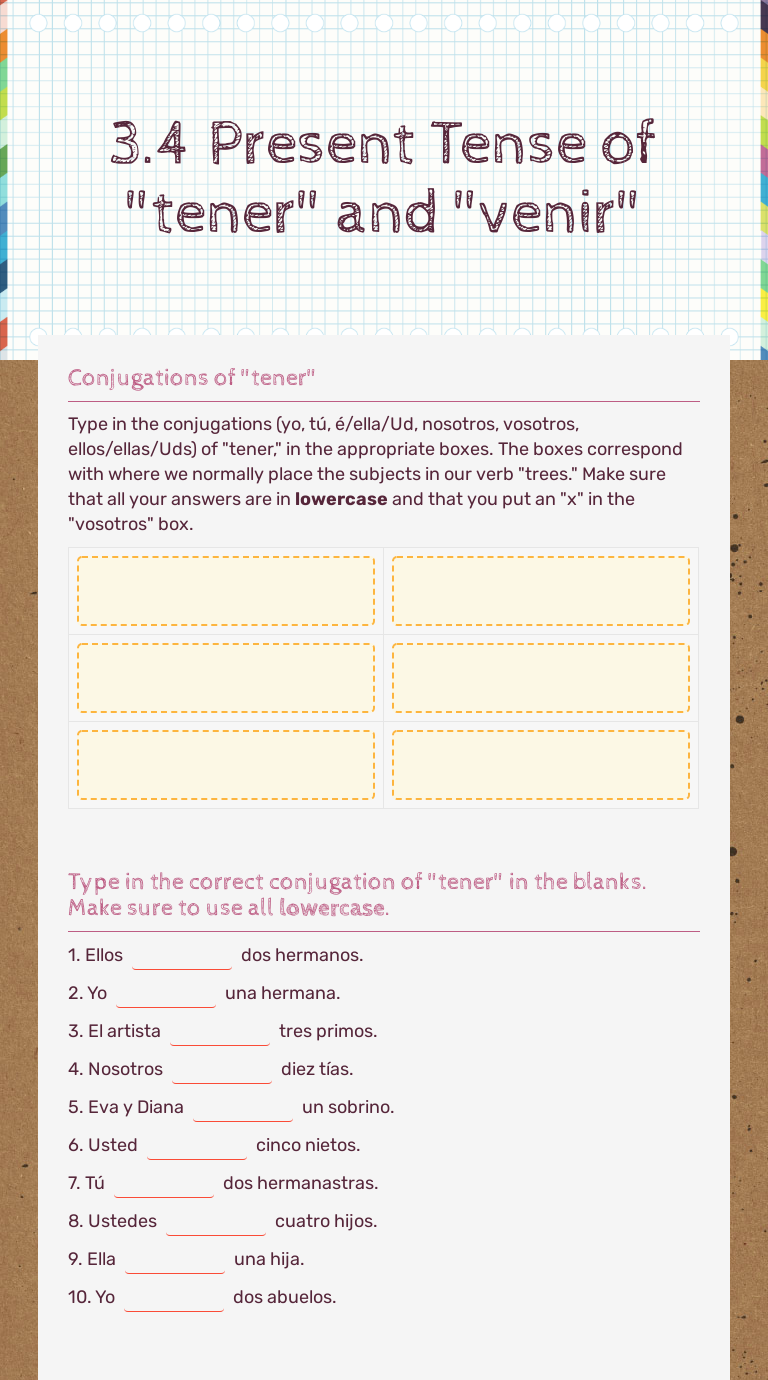 Present Tense Of Dar Ir Tener Venir And Ver Worksheet