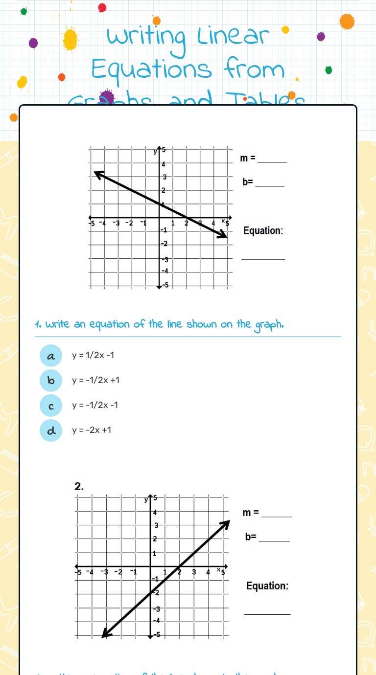 Writing Linear Equations from Graphs and Tables worksheet preview image