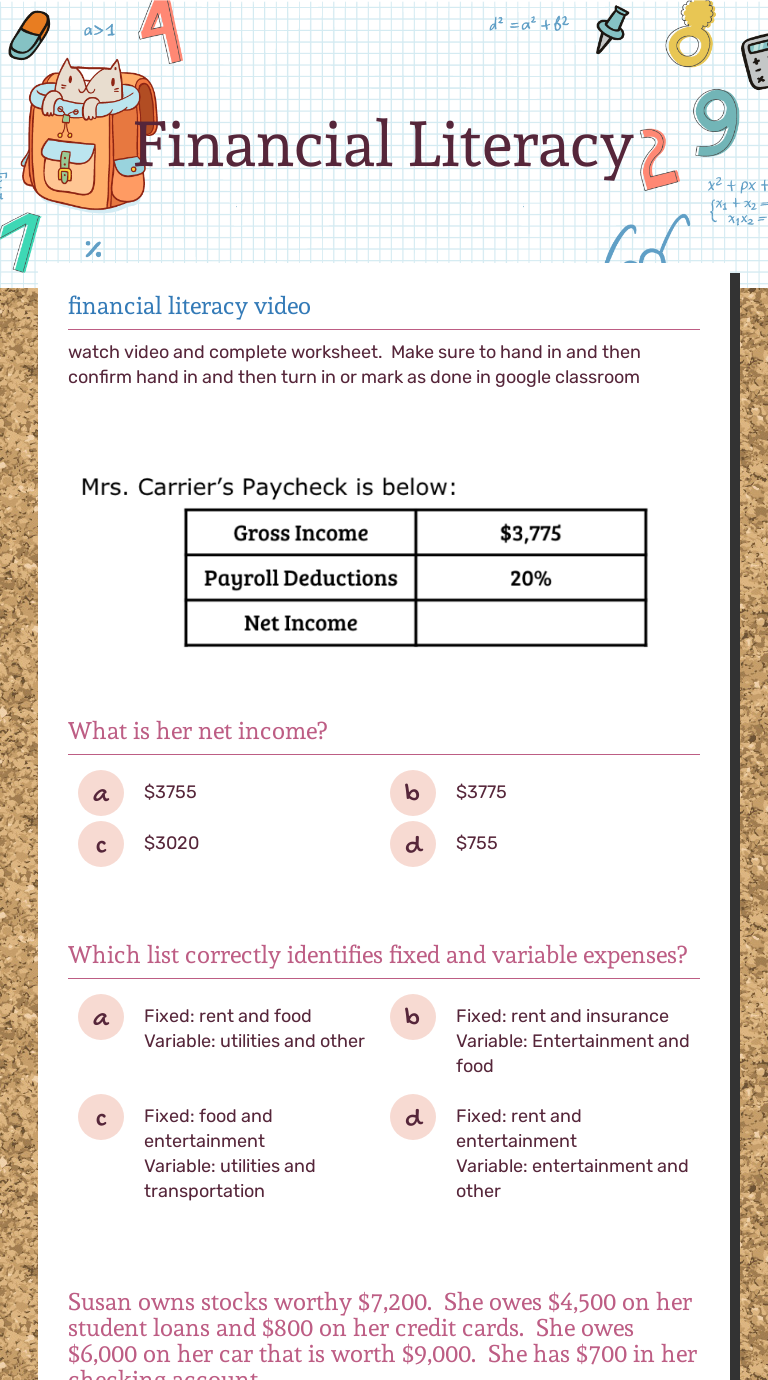 Financial literacy interactive worksheet by kathryn cole wizer me