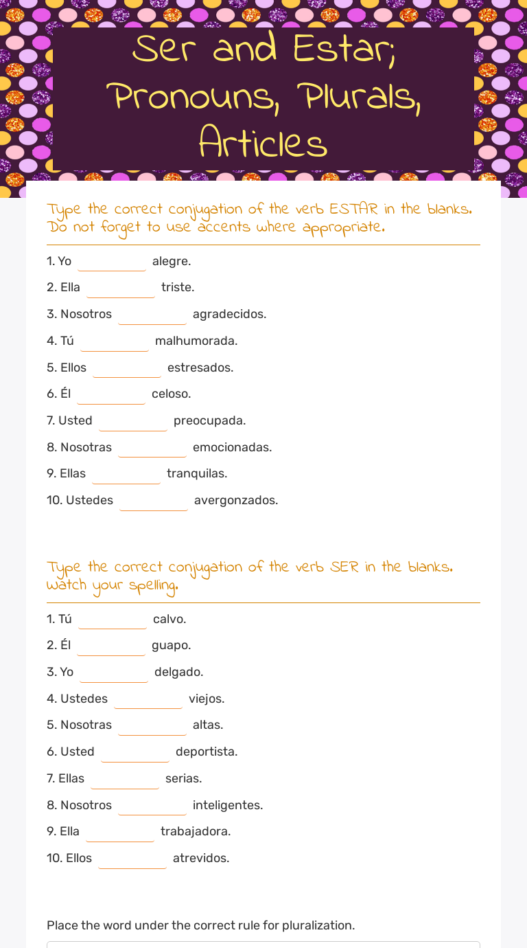 Ser and Estar; Pronouns, Plurals, Articles worksheet preview image