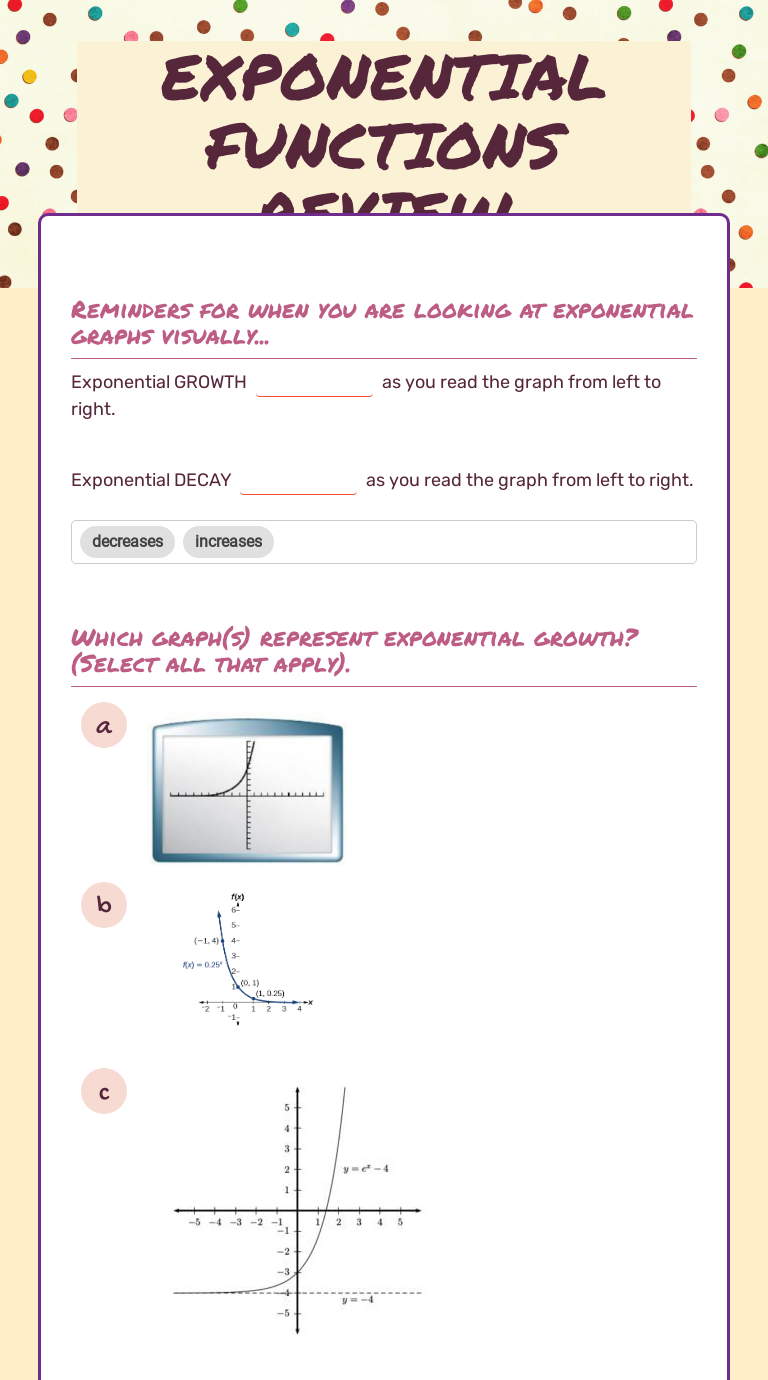 EXPONENTIAL FUNCTIONS REVIEW by Mary Glueck | Interactive Worksheet ...