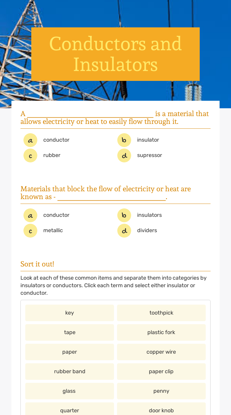 Conductors And Insulators | Interactive Worksheet By Leighanne Palinkas ...