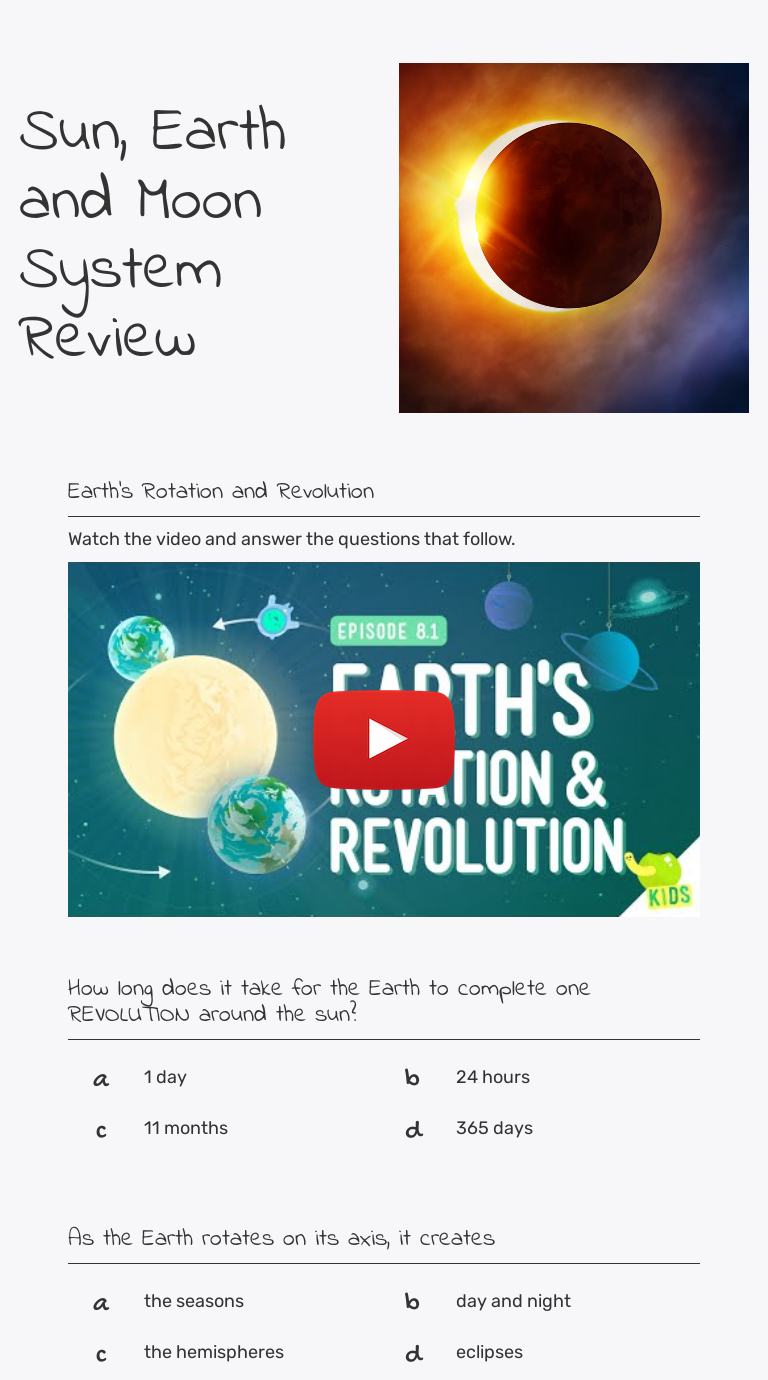 Sun Earth And Moon System Review Interactive Worksheet By Melissa 