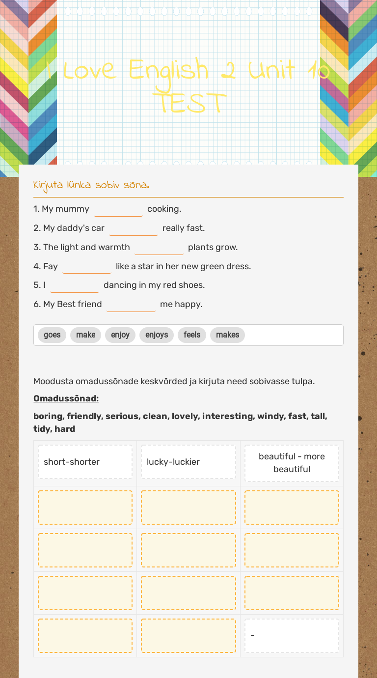 I Love English 2 Unit 10 TEST worksheet preview image