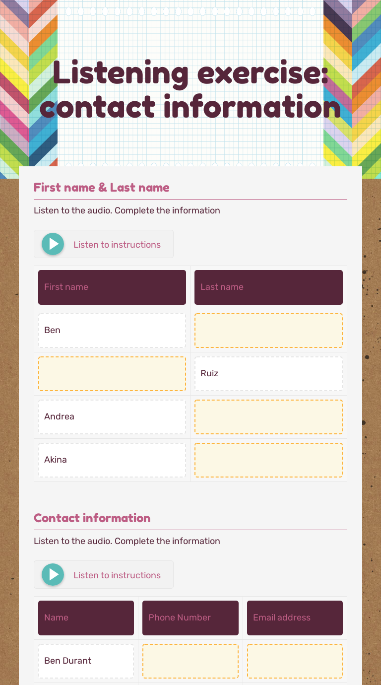 Listening exercise: contact information worksheet preview image