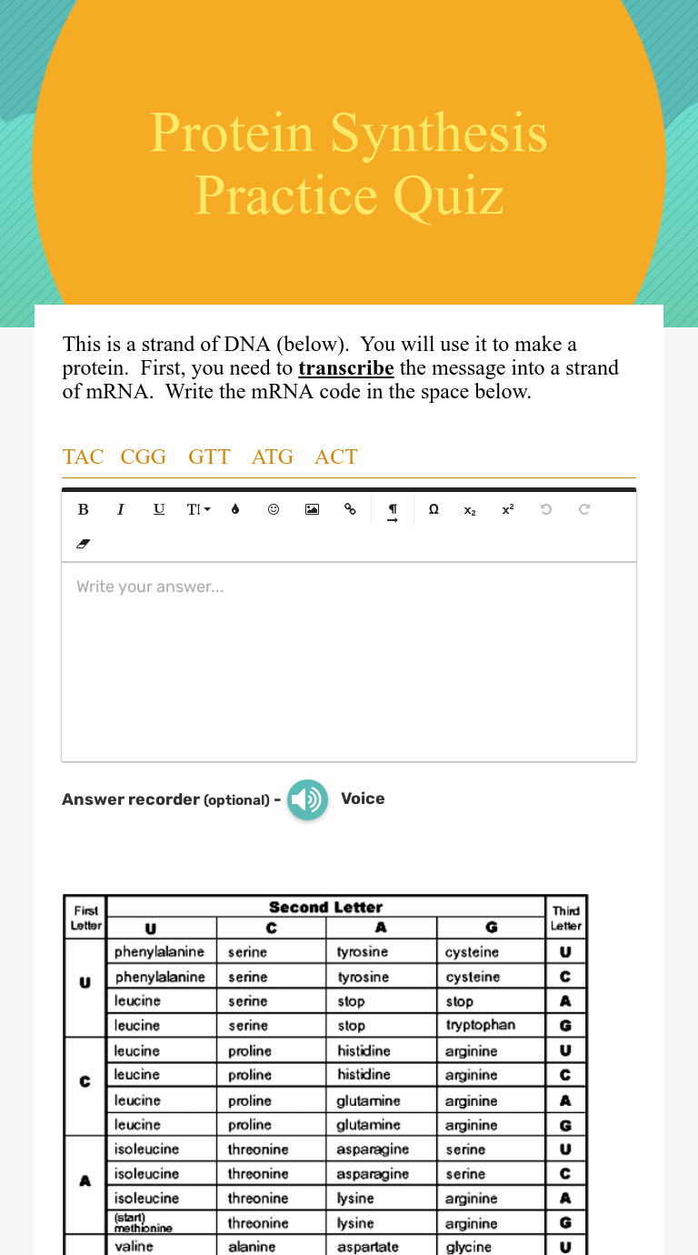 Protein Synthesis Practice Quiz  Interactive Worksheet  Wizer.me Throughout Protein Synthesis Practice Worksheet