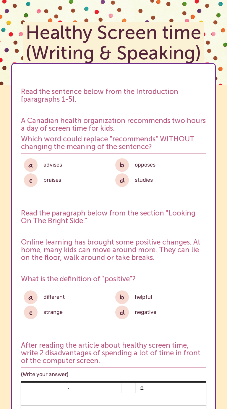 Healthy Screen time (Writing & worksheet