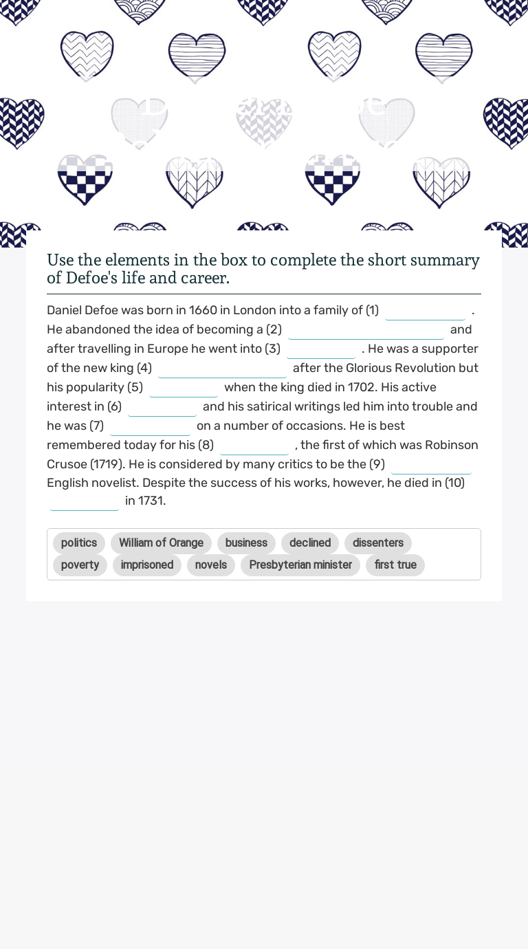 Daniel Defoe Robinson Crusoe worksheet preview image