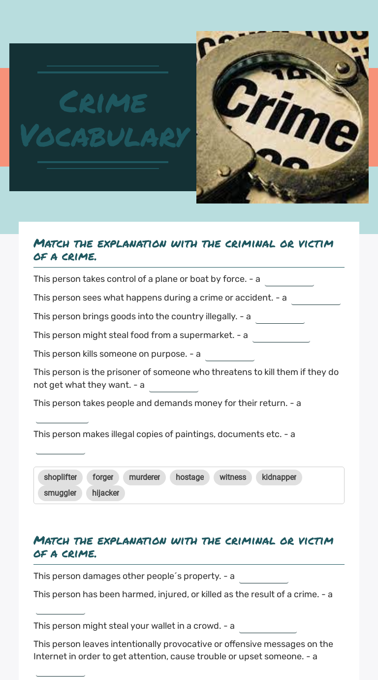 crime vocabulary interactive worksheet by jana motlikova wizer me