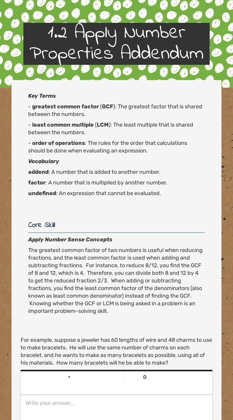 1.2 Apply Number Properties Addendum worksheet preview image