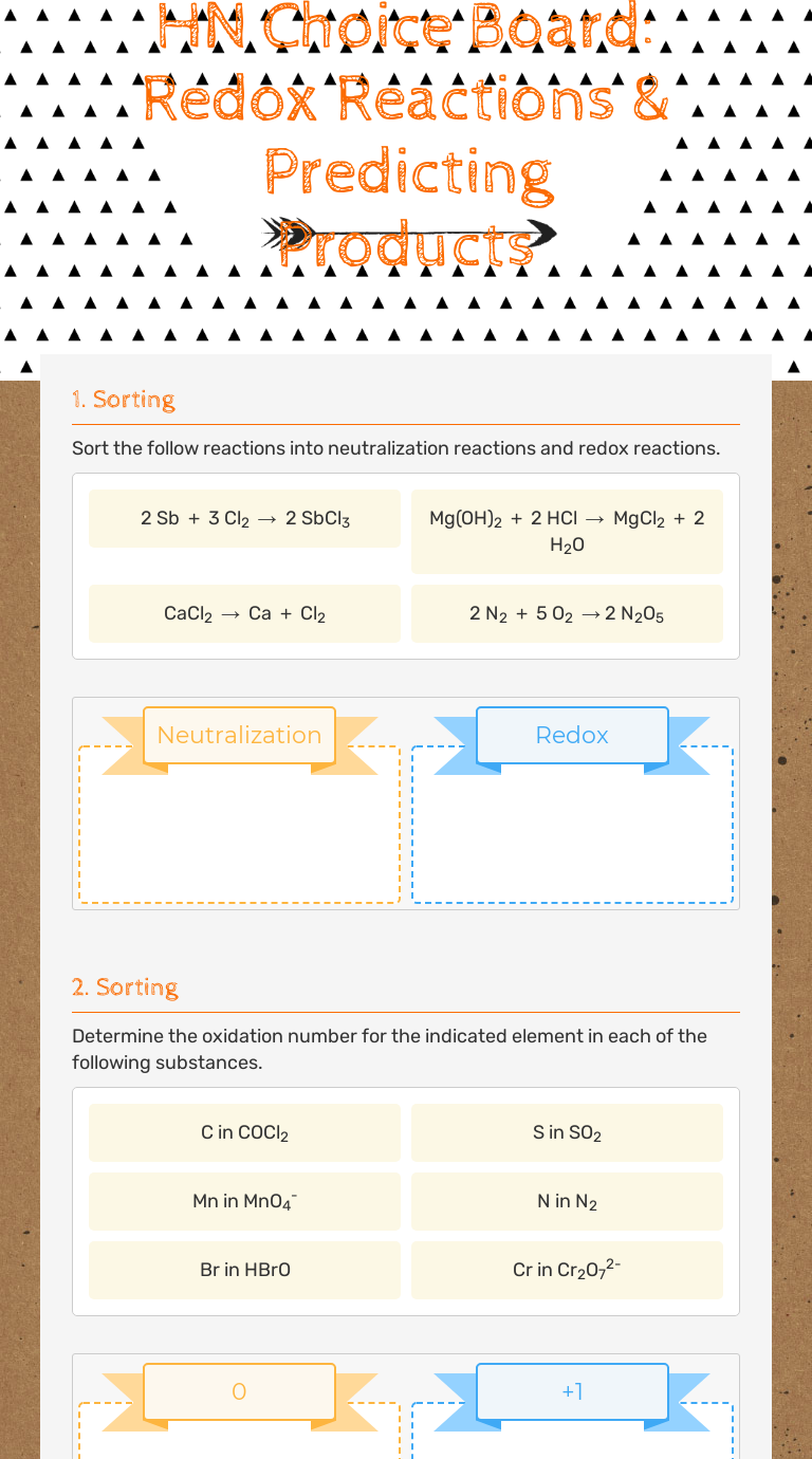 HN Choice Board: Redox Reactions worksheet