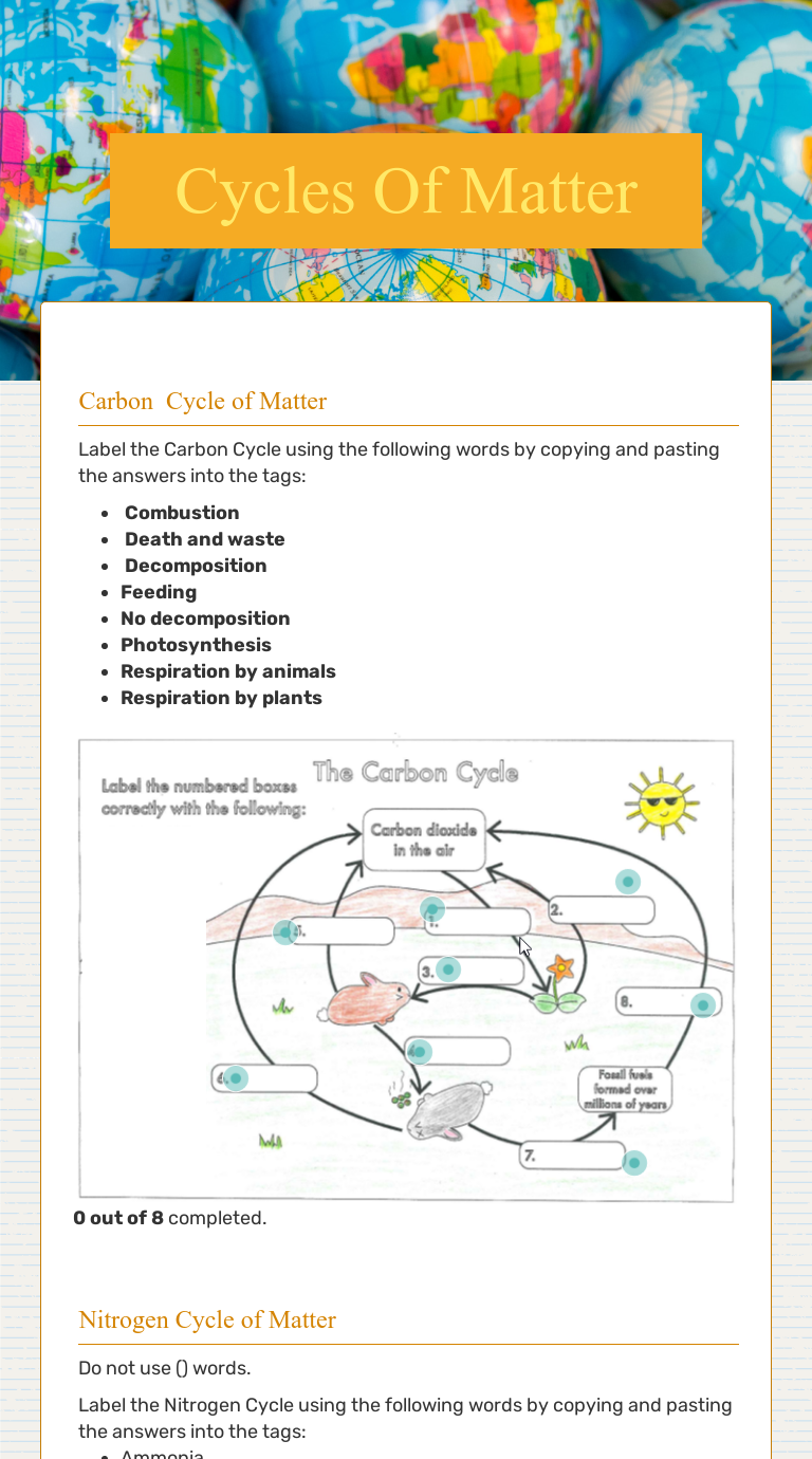Cycles Of Matter  Interactive Worksheet by Krista Marshall  Wizer.me With Regard To Carbon Cycle Worksheet Answers