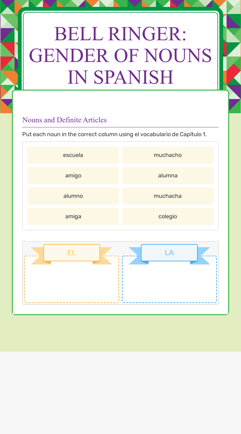 Bell Ringer Gender Of Nouns In Spanish Interactive Worksheet By Jean Thornton Wizer Me