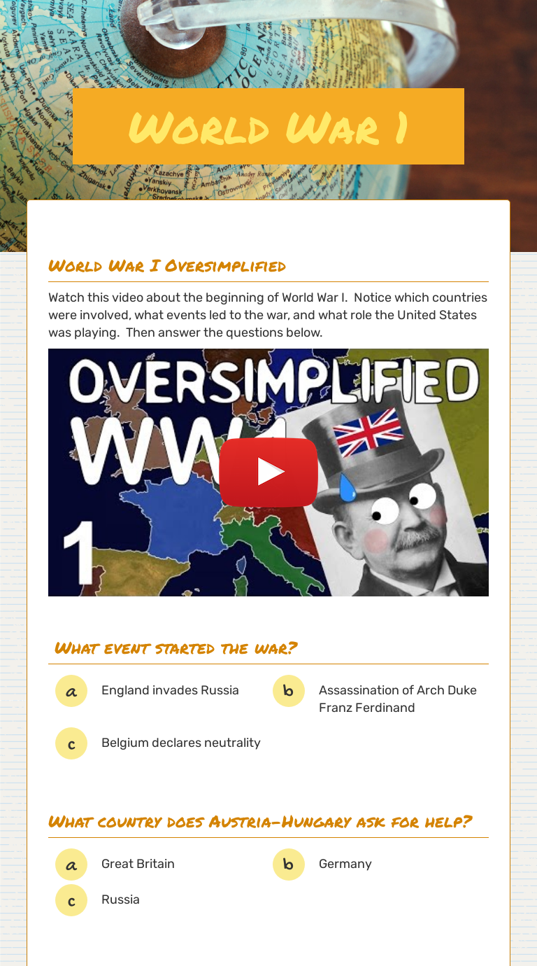 World War 1 | Interactive Worksheet By Rebecca Williams-Wood | Wizer.me