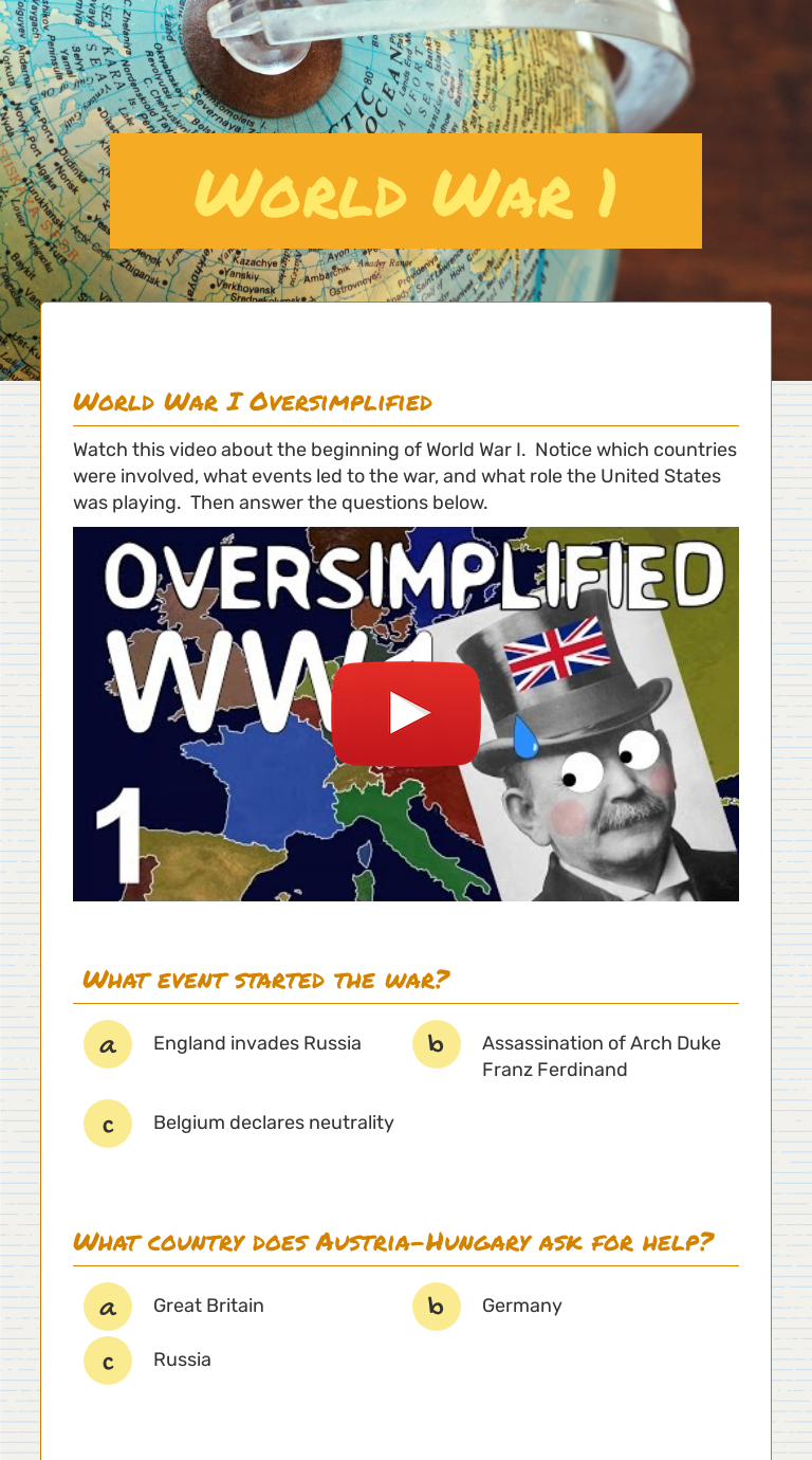 World War 1 Interactive Worksheet By Rebecca Williams Wood Wizer me