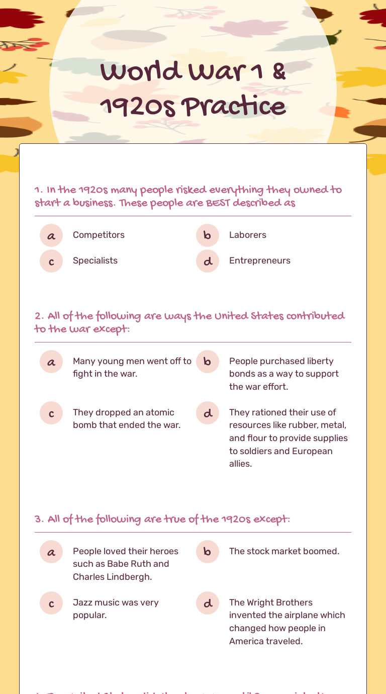 World War 1 & 1920s Practice Grade 5 worksheet preview