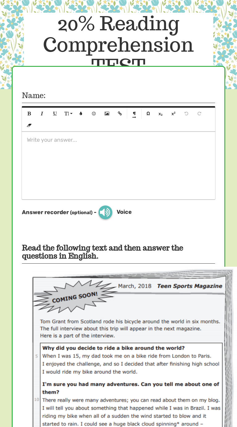 20% Reading Comprehension TEST worksheet