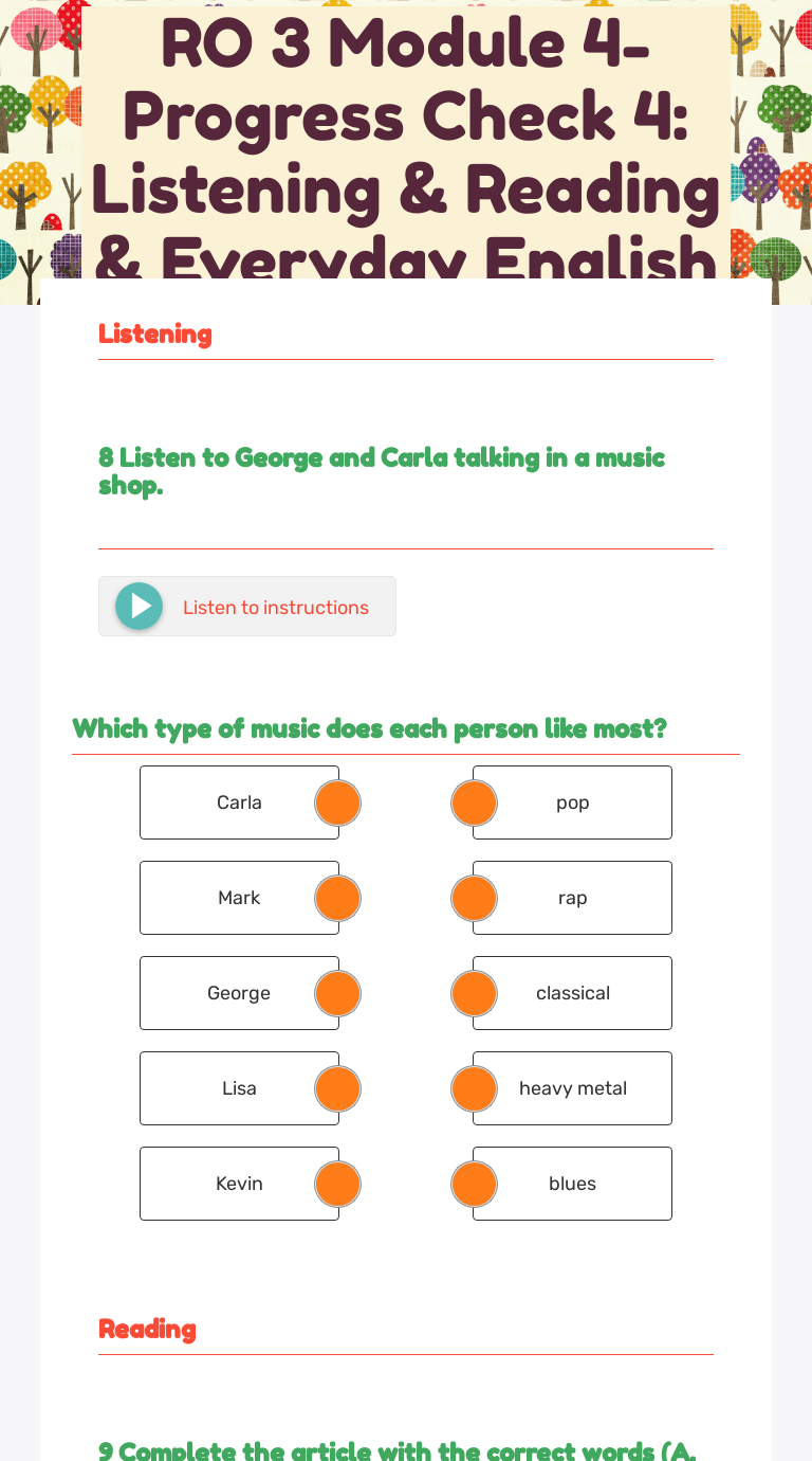 RO 3 Module 4- Progress Check 4: Listening & Reading & Everyday English Grade 7 worksheet preview