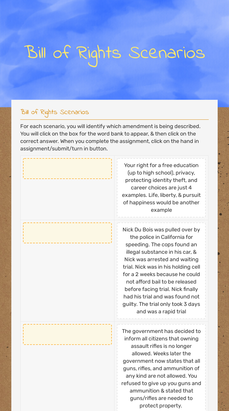 Bill of Rights Scenarios  Interactive Worksheet by Robert Horn Inside Bill Of Rights Scenario Worksheet
