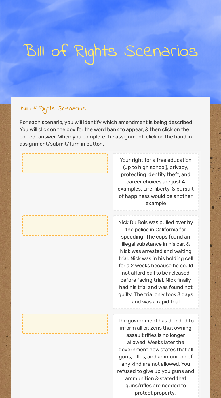 Bill of Rights Scenarios  Interactive Worksheet by Robert Horn Regarding Bill Of Rights Scenario Worksheet