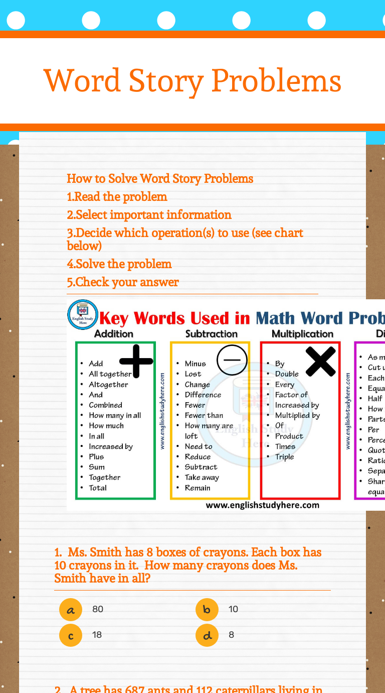 Word Story Problems | Interactive Worksheet by Yvette Dalton | Wizer.me