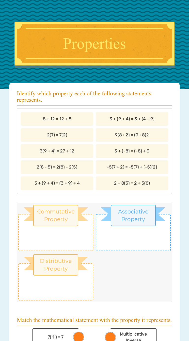 Properties | Interactive Worksheet by Angie Cahill | Wizer.me